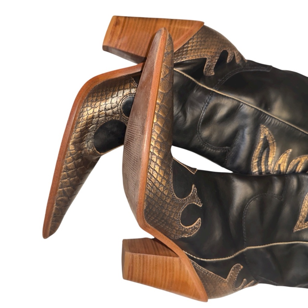 Para Raio Brazil 70’s Western Giddy Up Black Gold Metallic Leather Cowboy Boots - Picture 14 of 17
